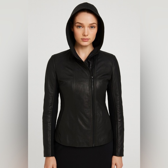 Danier Black Genuine Leather Moto Zip Fitted Hooded Jacket Women’s 2XS - Picture 1 of 12